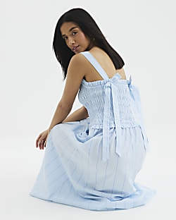 Petite Blue Stripe Shirred Midi Dress