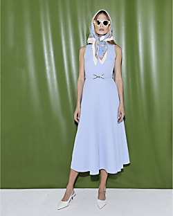 Blue Boat Neck Belted Midi Dress