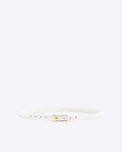 White Rectangular Buckle Skinny Belt