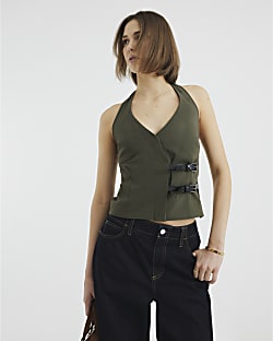 Khaki Halter Neck Sleeveless Buckle Top