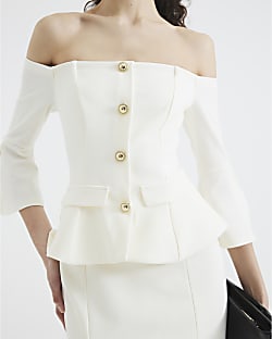Cream Bardot Button Down Bodycon Midi Dress