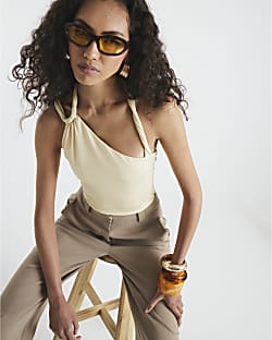 Yellow Asymmetric Halter Neck Twist Strap Top