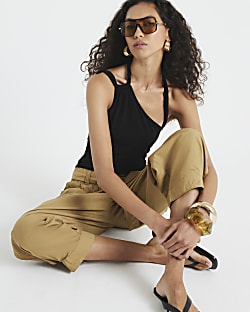 Black Asymmetric Halter Neck Twist Strap Top