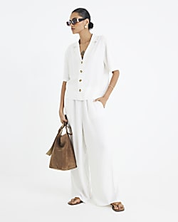 White Linen Blend Wide Leg Trousers
