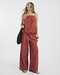 Brown Embroidered Tie Waist Trousers