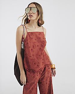 Brown Sleeveless Embroidered Tunic Top