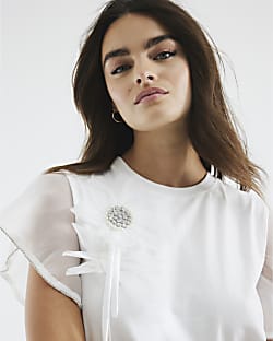White Short Sleeve Diamante Flower Top