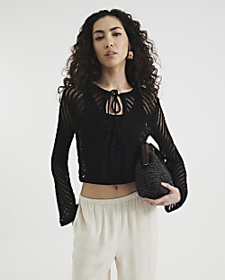 Black Tie Front Crochet Top