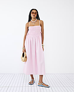 Pink Strappy Shirred Midi Dress