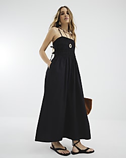Black Shirred Midi Dress