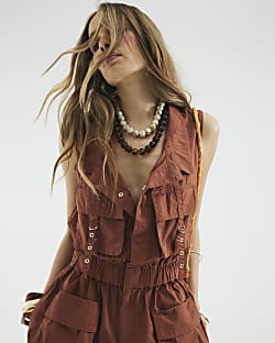 Brown Sleeveless Utility Playsuit