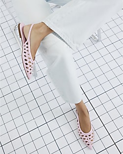 Pink Studded Laser Cut Pointed Flat Shoes