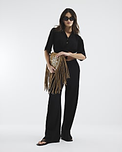 Black Crinkle Linen Blend Tie Front Shirt