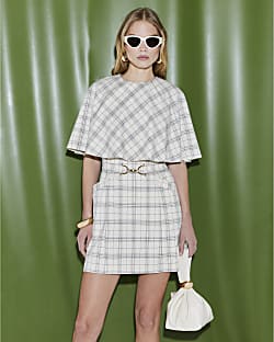 Cream Check Tailored Cape Mini Dress