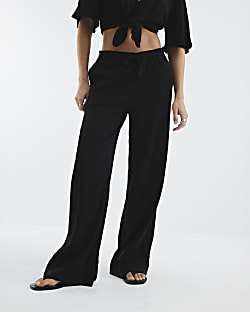 Black Crinkle Linen Blend Trousers