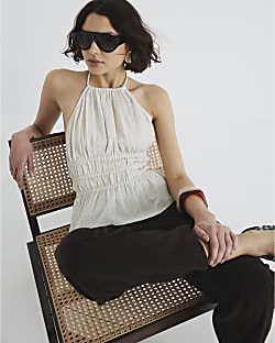 Cream Linen Blend Halter Neck Top