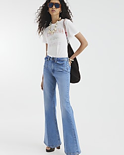Blue High Rise Relaxed Flare Jeans