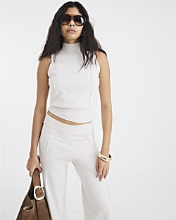Cream Ribbed Roll Neck Sleeveless Top