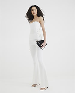 Cream Ribbed Flared Trousers