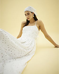 White Broderie Shirred Maxi Dress