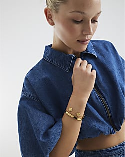 Gold Bangle And Flower Bracelet Set