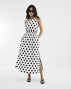 White Polka Dot Cut Out Poplin Midi Dress