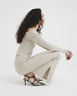 Beige Ribbed Flared Split Hem Trousers