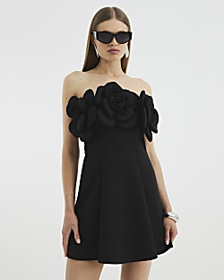 Black Scuba 3D Flower Bandeau Mini Dress