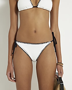White Textured Low Rise Bikini Bottoms