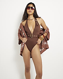 Brown Plunge Neckline Belted Swimsuit