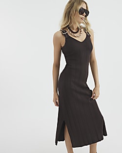 Brown Buckle Strap Knit Maxi Dress