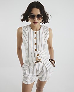 White Stripe High Neck Fitted Waistcoat