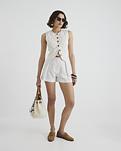 White Stripe Longline Belted Shorts