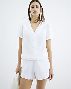 White Frill Linen Blend Tailored Top