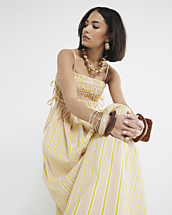 Petite Beige Stripe Shirred Midi Dress