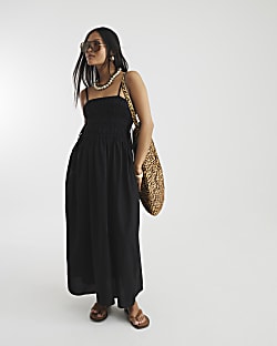 Petite Black Strappy Shirred Maxi Dress