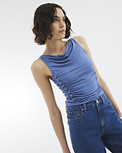 Blue Sleeveless Gathered Drape Tank Top