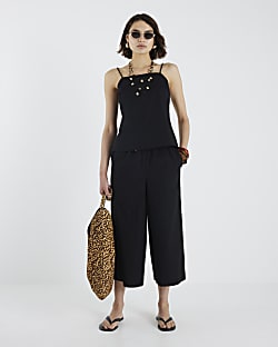 Black Cotton Poplin Cropped Wide Leg Trousers