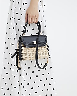 Black Mini Raffia Cross Body Tote Bag