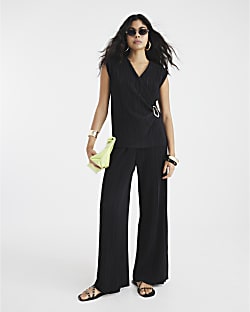 Black Plisse Wide Leg Trousers
