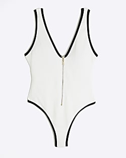 Petite White Zip Textured Swimsuit