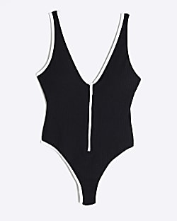 Petite Black Zip Textured Swimsuit