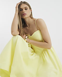 Yellow Sleeveless Corset Detail Midi Dress
