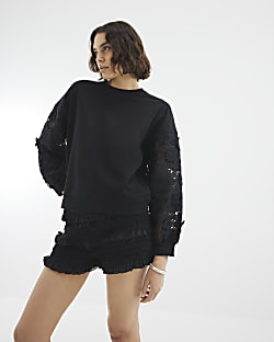 Black Long Sleeve Lace Detail Sweatshirt