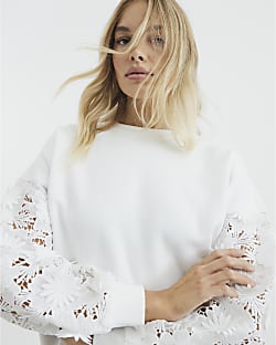 White Long Sleeve Lace Detail Sweatshirt