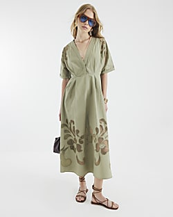Khaki Short Sleeve Cutwork Midi Dress