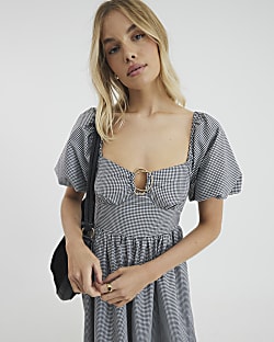 Black Short Sleeve Gingham Midi Dress