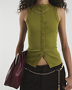 Green Sleeveless Popper Ribbed Tank Top