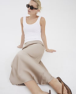 Beige Satin Midi Skirt