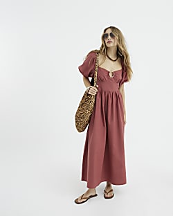 Red Short Sleeve Gold Detail Midi Dress